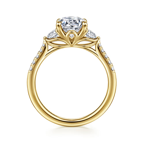 14K Yellow Gold Oval Three Stone Lotus Diamond Engagement Ring