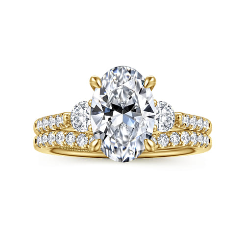 14K Yellow Gold Oval Three Stone Lotus Diamond Engagement Ring