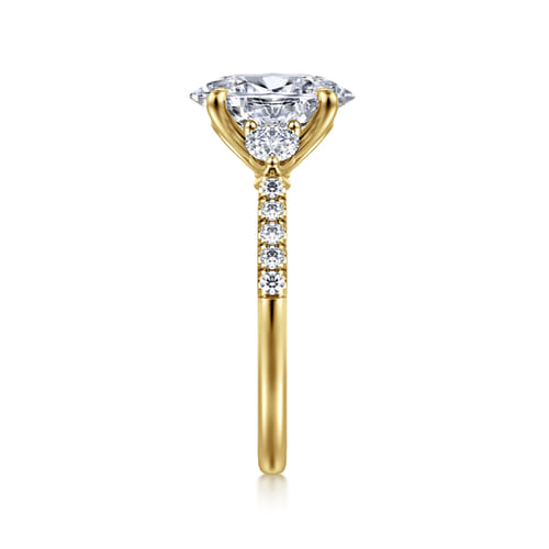 14K Yellow Gold Oval Three Stone Lotus Diamond Engagement Ring