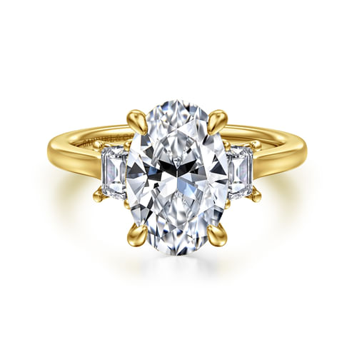14K Yellow Gold Oval Three Stone Lotus Diamond Engagement Ring