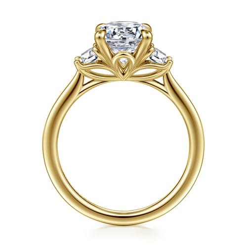 14K Yellow Gold Oval Three Stone Lotus Diamond Engagement Ring