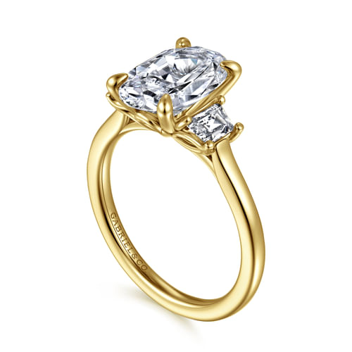 14K Yellow Gold Oval Three Stone Lotus Diamond Engagement Ring