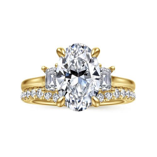 14K Yellow Gold Oval Three Stone Lotus Diamond Engagement Ring