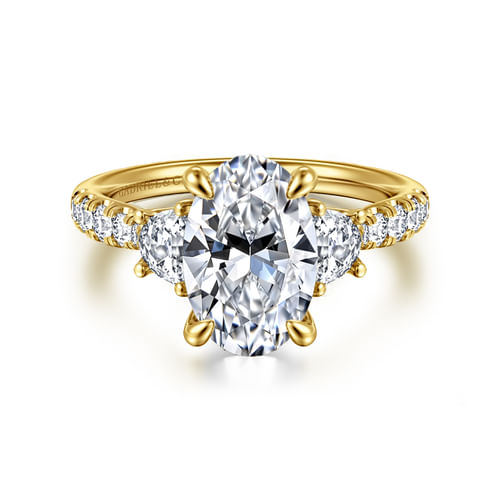 14K Yellow Gold Oval Three Stone Lotus Diamond Engagement Ring