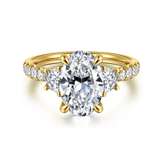 Gabriel - 14K Yellow Gold Oval Three Stone Lotus Diamond Engagement Ring