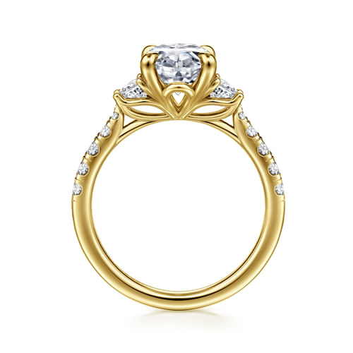 14K Yellow Gold Oval Three Stone Lotus Diamond Engagement Ring