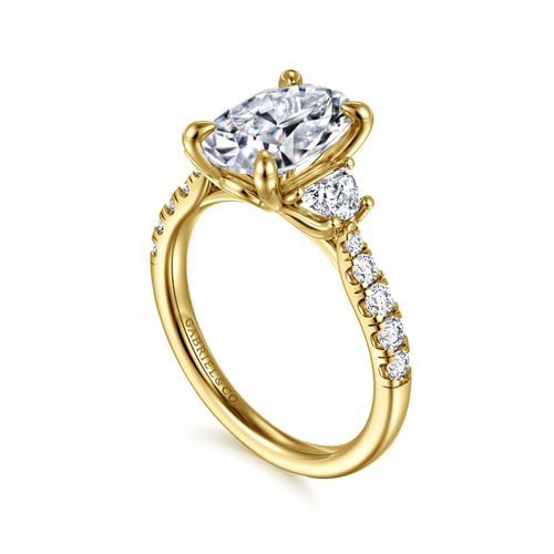 14K Yellow Gold Oval Three Stone Lotus Diamond Engagement Ring