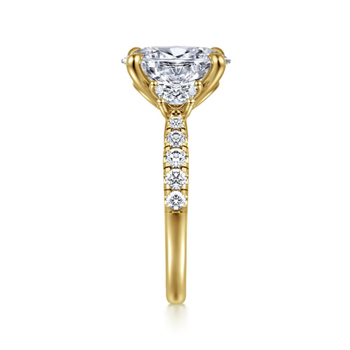 14K Yellow Gold Oval Three Stone Lotus Diamond Engagement Ring