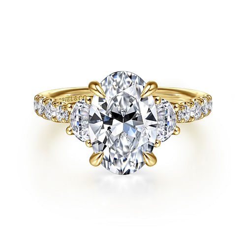 14K Yellow Gold Oval Three Stone Lotus Diamond Engagement Ring