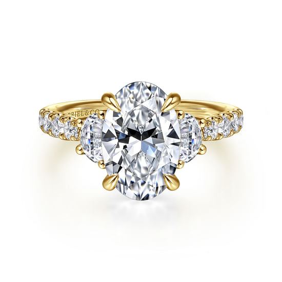 Gabriel - 14K Yellow Gold Oval Three Stone Lotus Diamond Engagement Ring