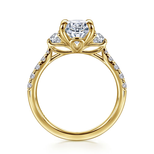 14K Yellow Gold Oval Three Stone Lotus Diamond Engagement Ring
