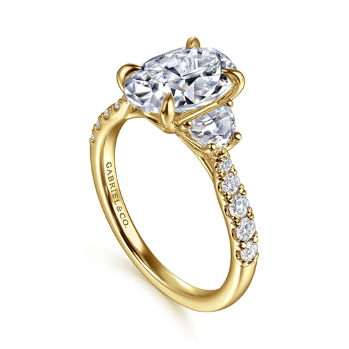 14K Yellow Gold Oval Three Stone Lotus Diamond Engagement Ring