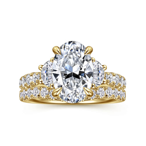 14K Yellow Gold Oval Three Stone Lotus Diamond Engagement Ring