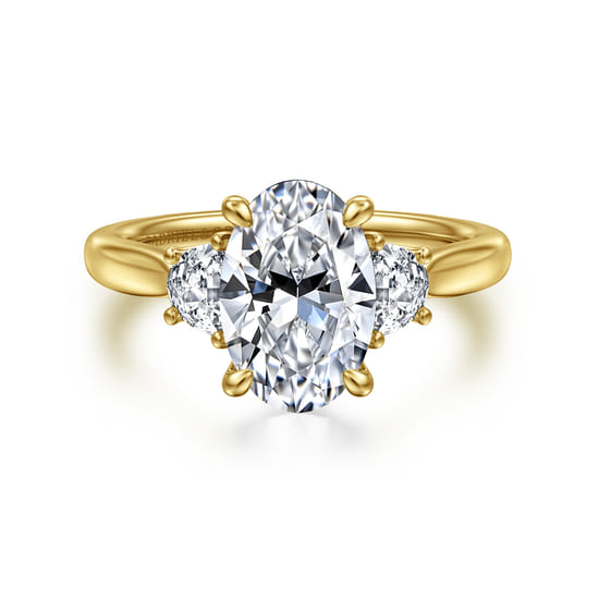 Gabriel - 14K Yellow Gold Oval Three Stone Lotus Diamond Engagement Ring