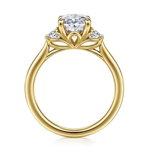 14K Yellow Gold Oval Three Stone Lotus Diamond Engagement Ring