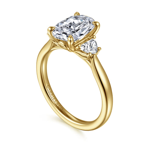 14K Yellow Gold Oval Three Stone Lotus Diamond Engagement Ring