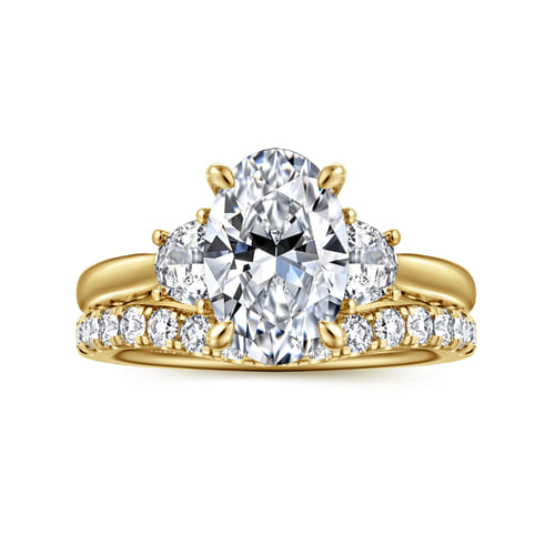 14K Yellow Gold Oval Three Stone Lotus Diamond Engagement Ring