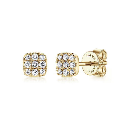 14K Yellow Gold Pavé Diamond Cushion Cut Stud Earrings