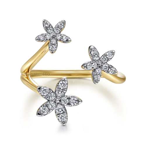 14K Yellow Gold Pavé Diamond Floral Open Ring 