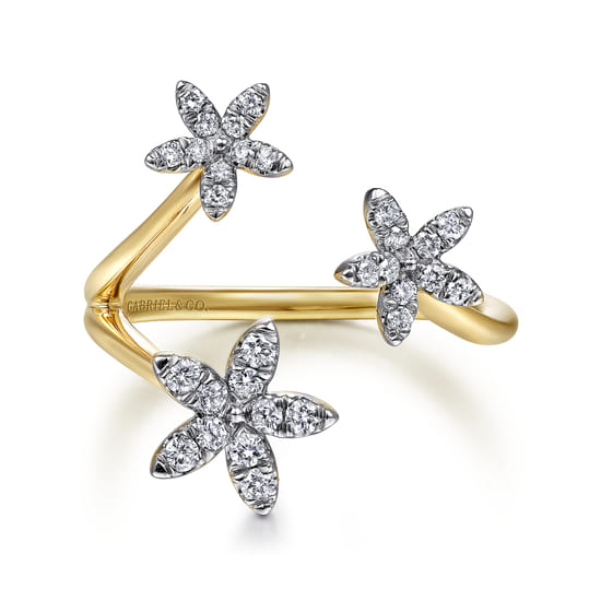 14K Yellow Gold Pavé Diamond Floral Open Ring 