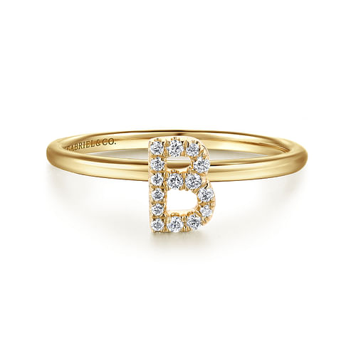 14K Yellow Gold Pavé Diamond Uppercase B Initial Ring