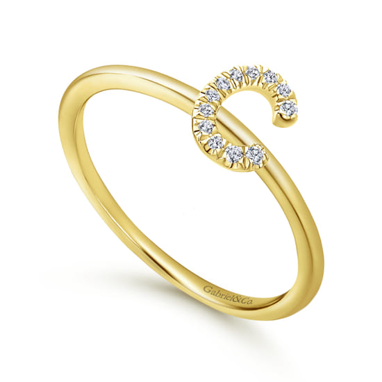 14K Yellow Gold Pavé Diamond Uppercase C Initial Ring angle 3