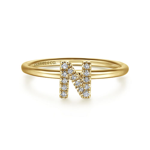 14K Yellow Gold Pavé Diamond Uppercase N Initial Ring