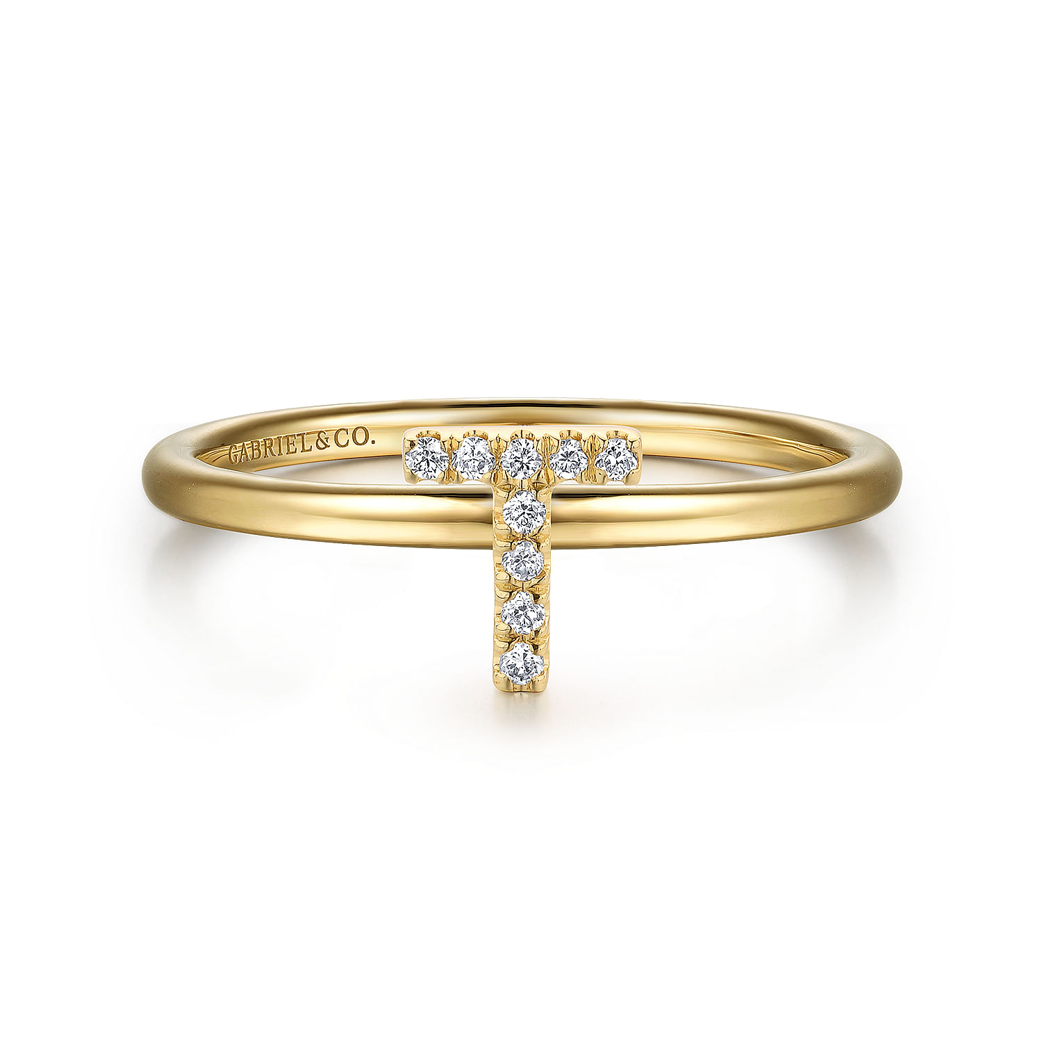 14K Yellow Gold Pavé Diamond Uppercase T Initial Ring