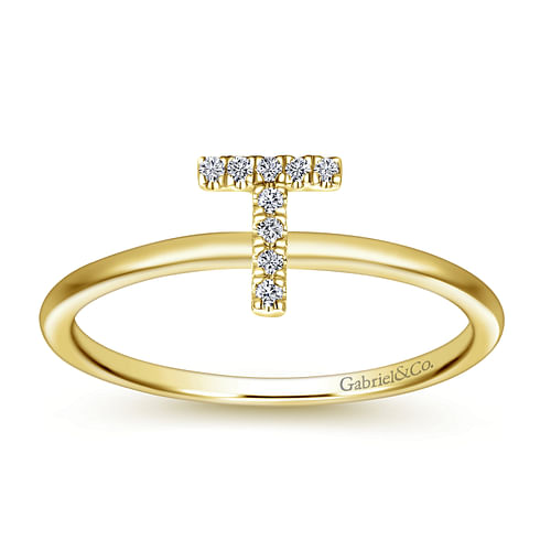 14K Yellow Gold Pavé Diamond Uppercase T Initial Ring