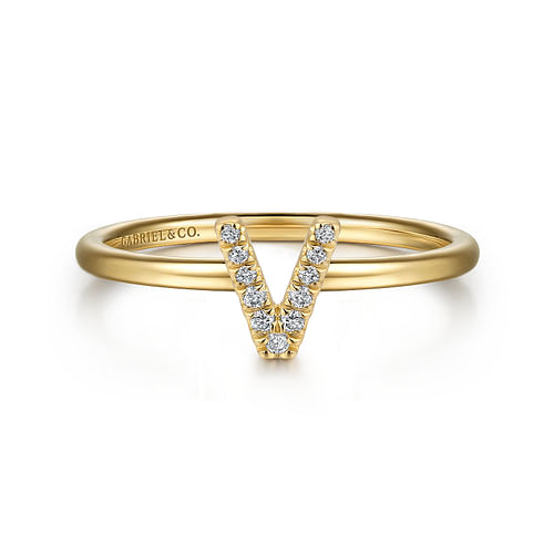 14K Yellow Gold Pavé Diamond Uppercase V Initial Ring