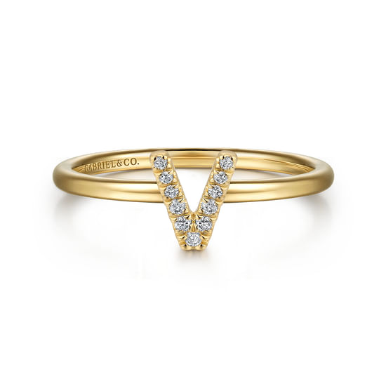 Gabriel - 14K Yellow Gold Pavé Diamond Uppercase V Initial Ring