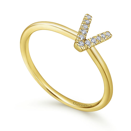 14K Yellow Gold Pavé Diamond Uppercase V Initial Ring