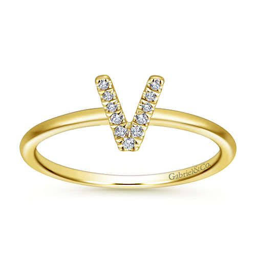 14K Yellow Gold Pavé Diamond Uppercase V Initial Ring