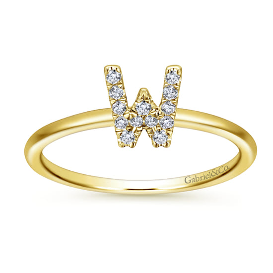 14K Yellow Gold Pavé Diamond Uppercase W Initial Ring angle 4