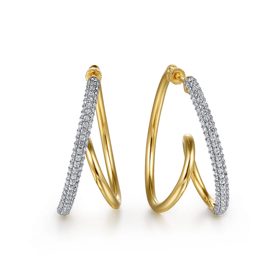 14K Yellow Gold Pave Diamond Intricate Swirl Hoop Earrings