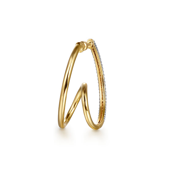 14K Yellow Gold Pave Diamond Intricate Swirl Hoop Earrings angle 2