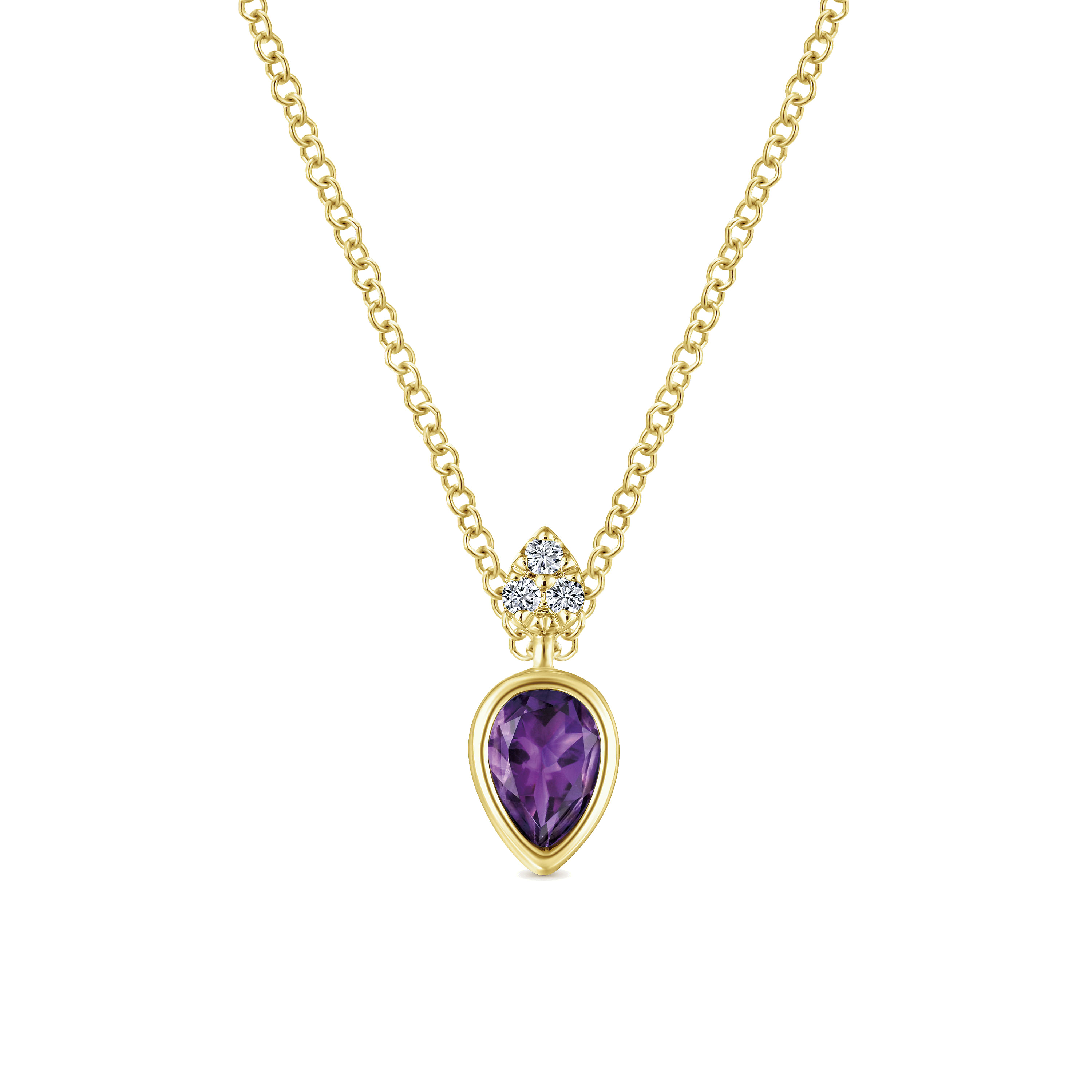14K Yellow Gold Pear Shape Amethyst Pendant Necklace with Diamond Accents