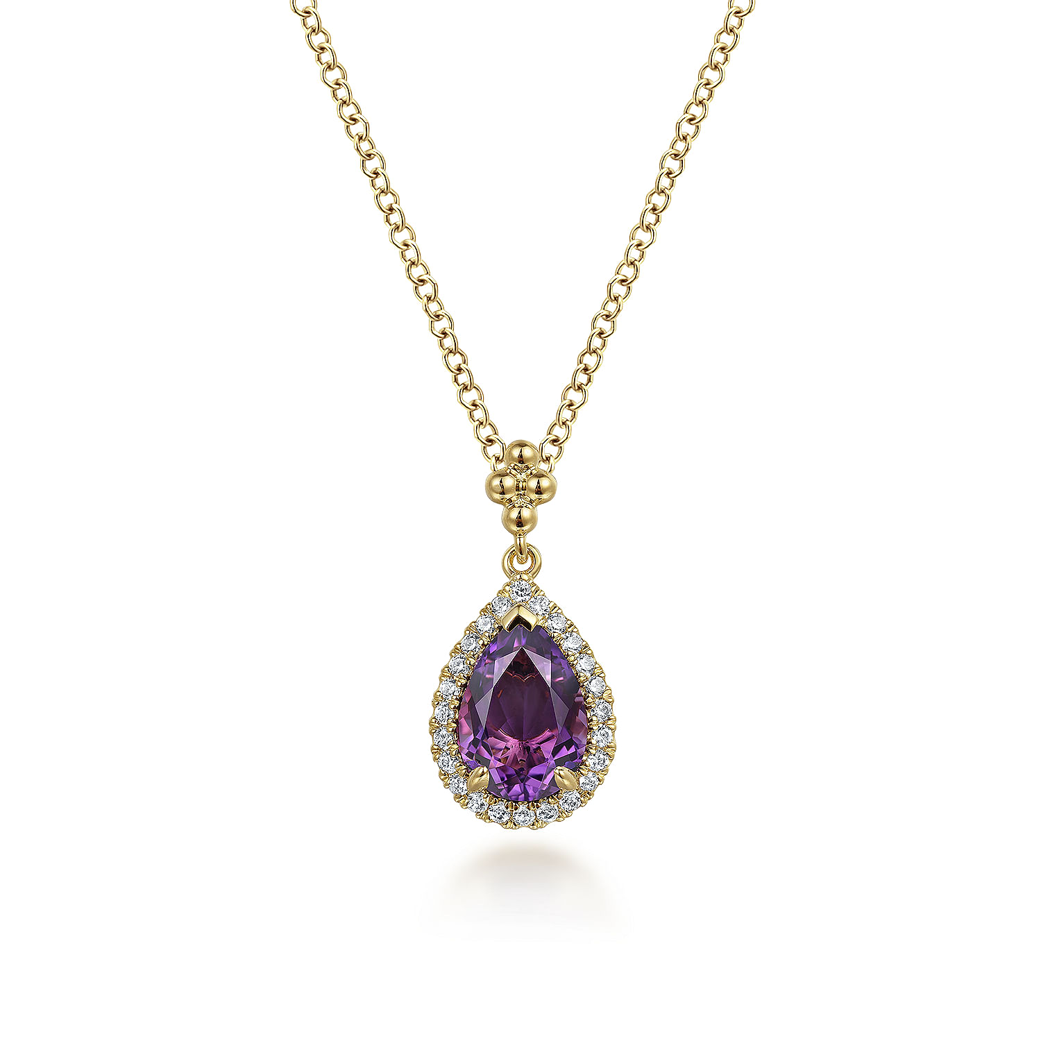 Gabriel - 14K Yellow Gold Pear Shape Amethyst with Diamond Halo Necklace