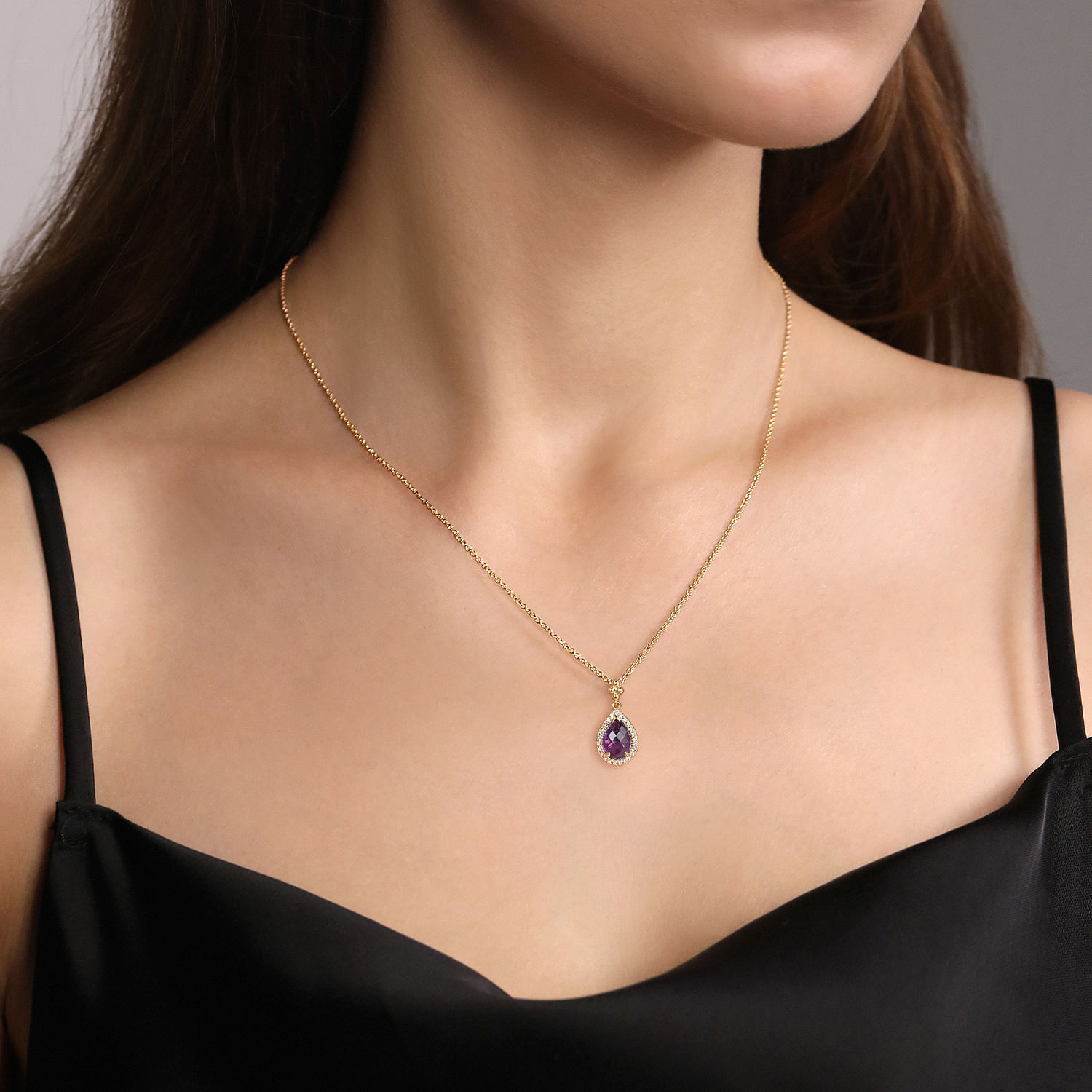 14K Yellow Gold Pear Shape Amethyst with Diamond Halo Necklace