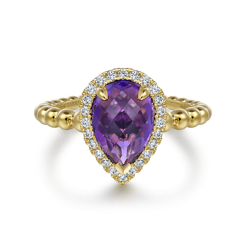 14K Yellow Gold Pear Shape Amethyst with Diamond Halo Ring