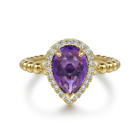 Gabriel - 14K Yellow Gold Pear Shape Amethyst with Diamond Halo Ring