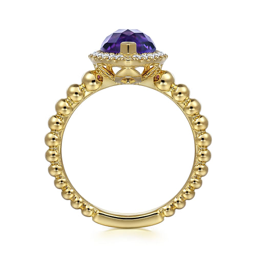 14K Yellow Gold Pear Shape Amethyst with Diamond Halo Ring