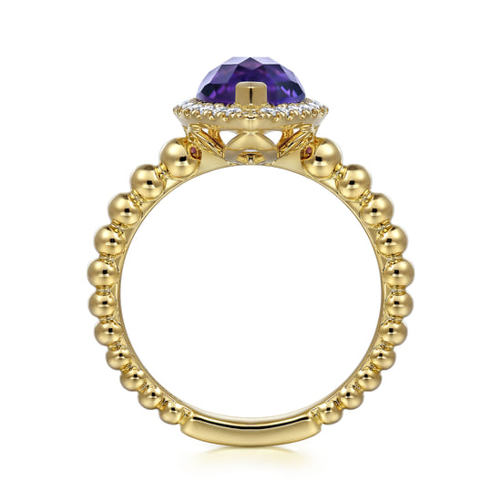 14K Yellow Gold Pear Shape Amethyst with Diamond Halo Ring angle 2
