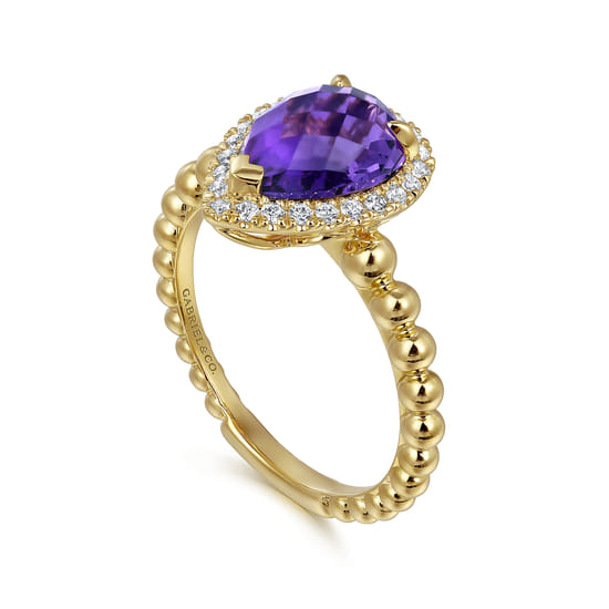14K Yellow Gold Pear Shape Amethyst with Diamond Halo Ring angle 3