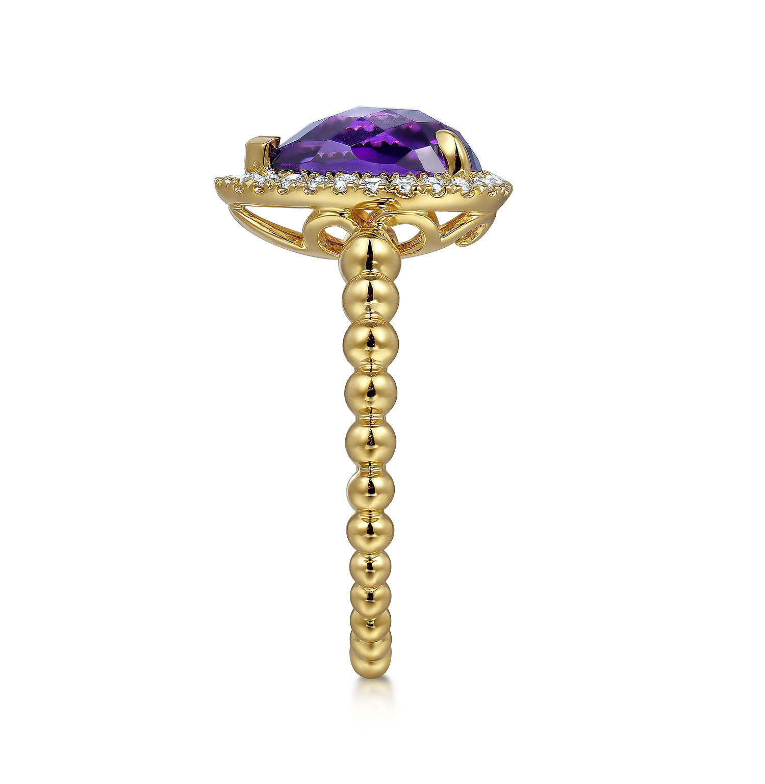 14K Yellow Gold Pear Shape Amethyst with Diamond Halo Ring