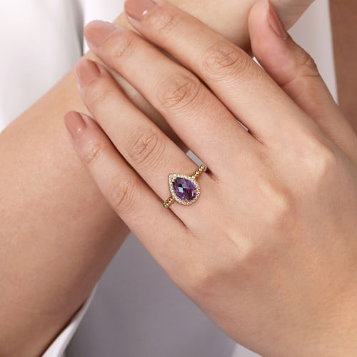 14K Yellow Gold Pear Shape Amethyst with Diamond Halo Ring