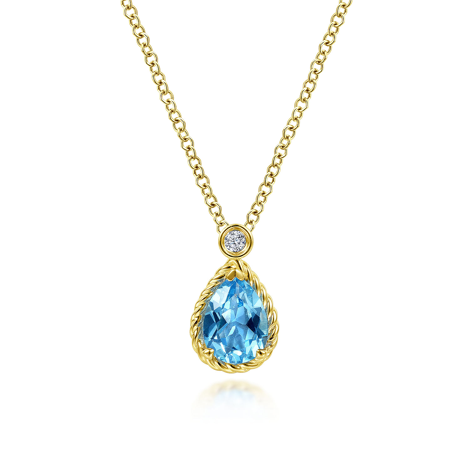 Gabriel - 14K Yellow Gold Pear Shape Blue Topaz Pendant Necklace with Bezel Set Diamond