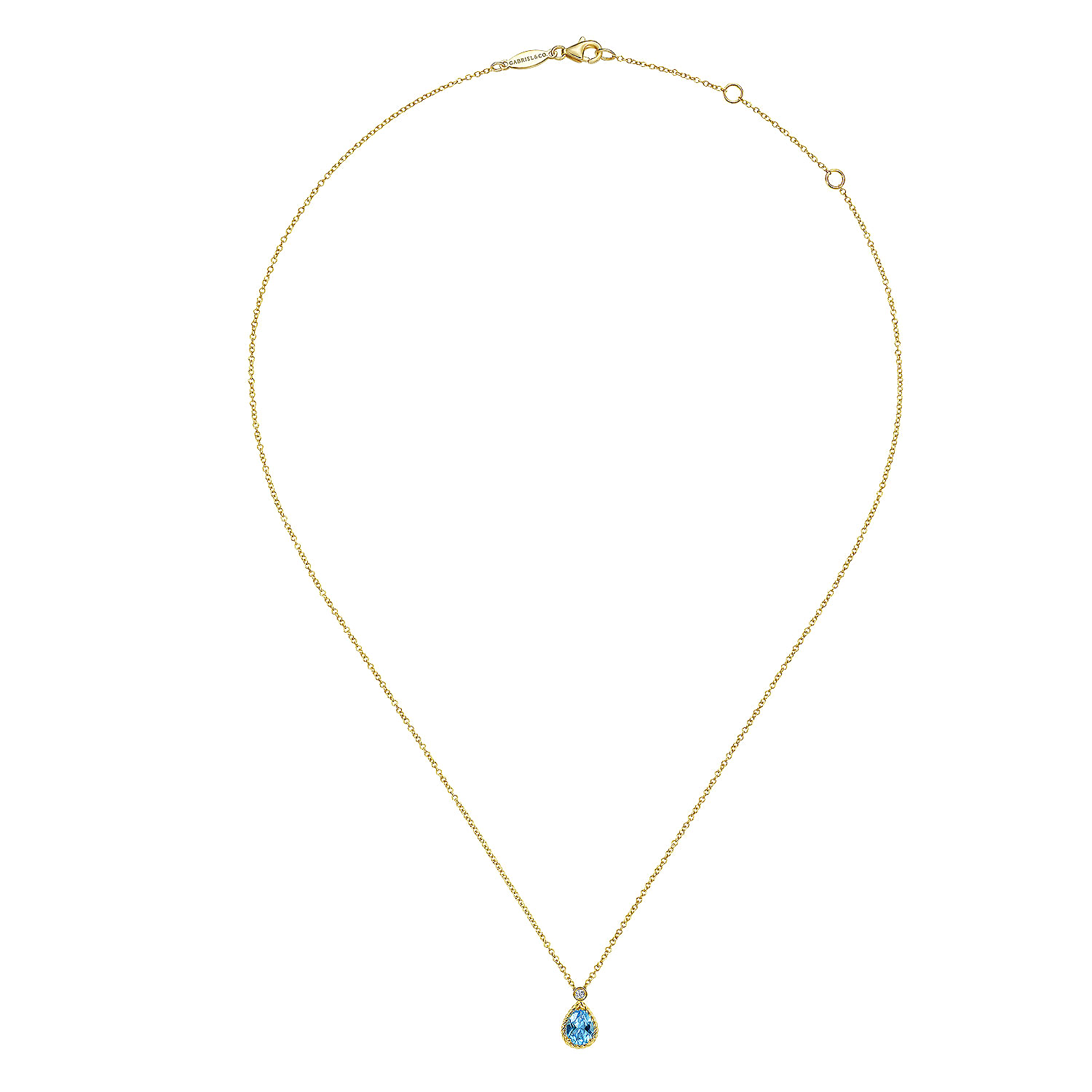 14K Yellow Gold Pear Shape Blue Topaz Pendant Necklace with Bezel Set Diamond