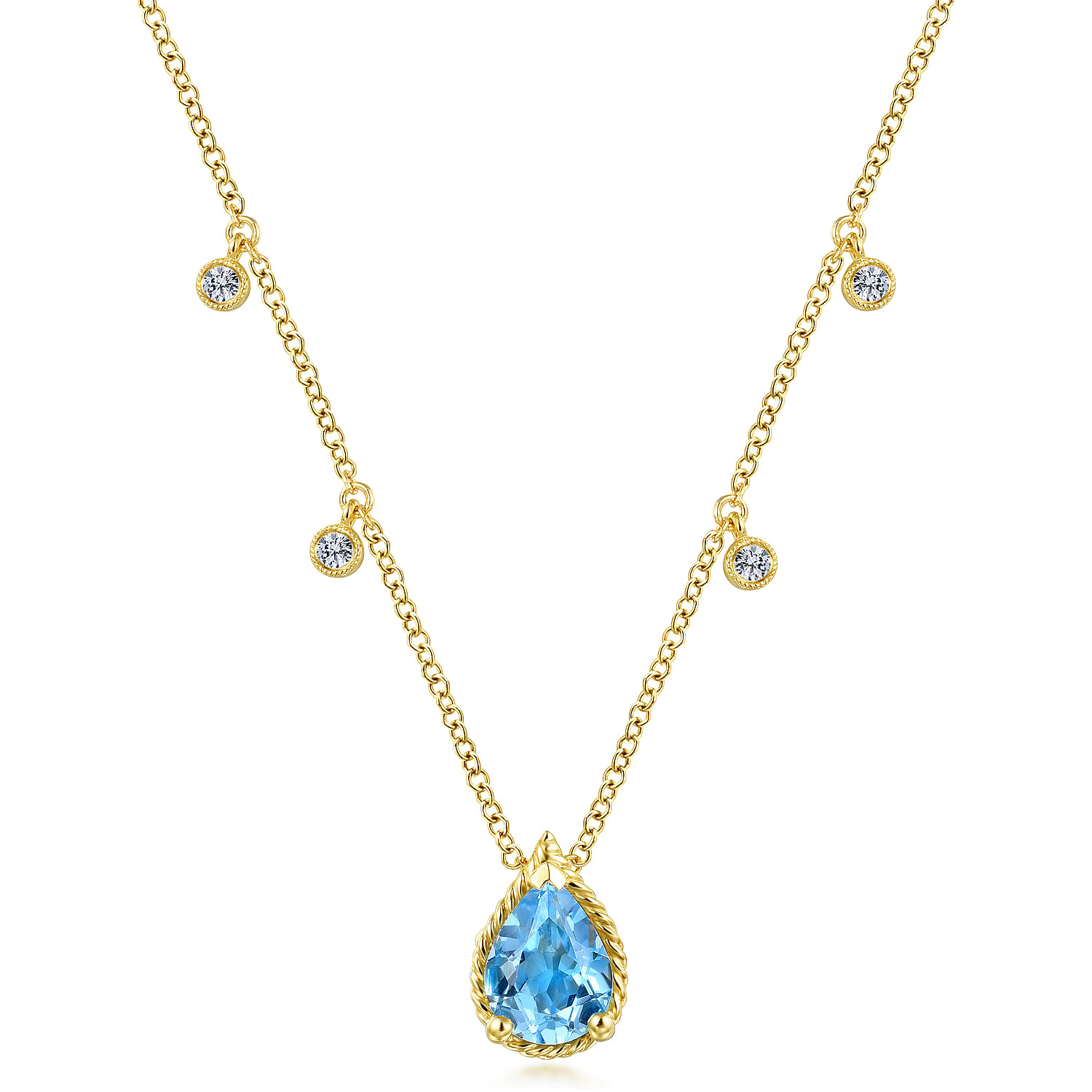 Gabriel - 14K Yellow Gold Pear Shape Blue Topaz Pendant Necklace with Diamond Side Drops