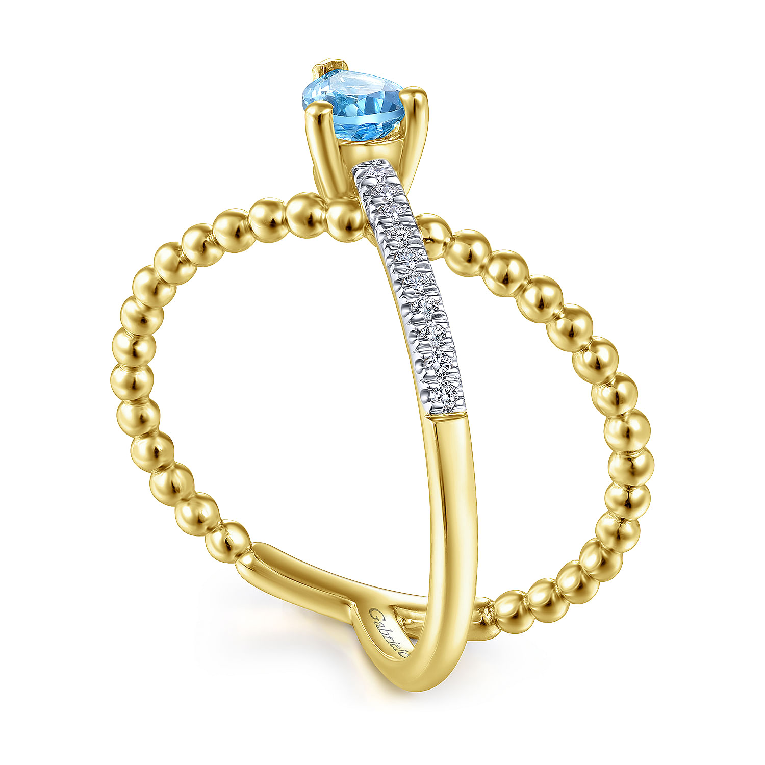 14K Yellow Gold Pear Shape Blue Topaz and Diamond Criss Cross Ring